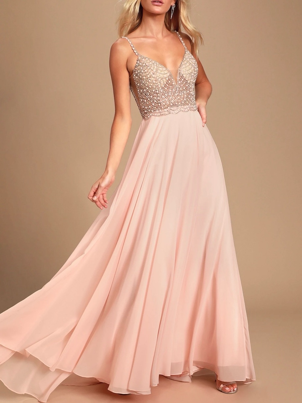 Lulus True Love Blush Pink Beaded Rhinestone Maxi Dress NWT 6
